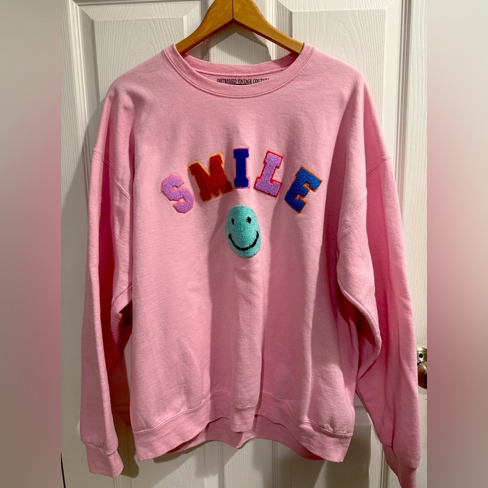 Distressed Vintage Couture Pink Rainbow SMILE Sweatshirt kidcore teachercore